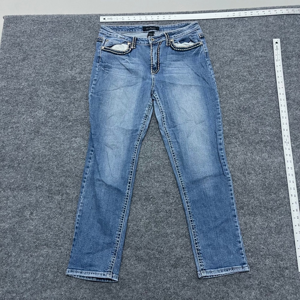 9.8 Premium Jeans Womens Size 16P Blue Straight Leg Thick Stitch Embellished